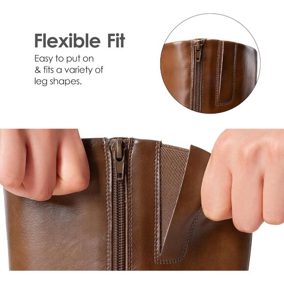 Women Faux Leather Brown Comfortable Knee High Side Zipper Buckle Riding Boots - Picture 3 of 7